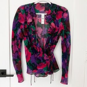 NWT J. Crew Ruffle Wrap Top in Dark Floral Chiffon Blend - 6